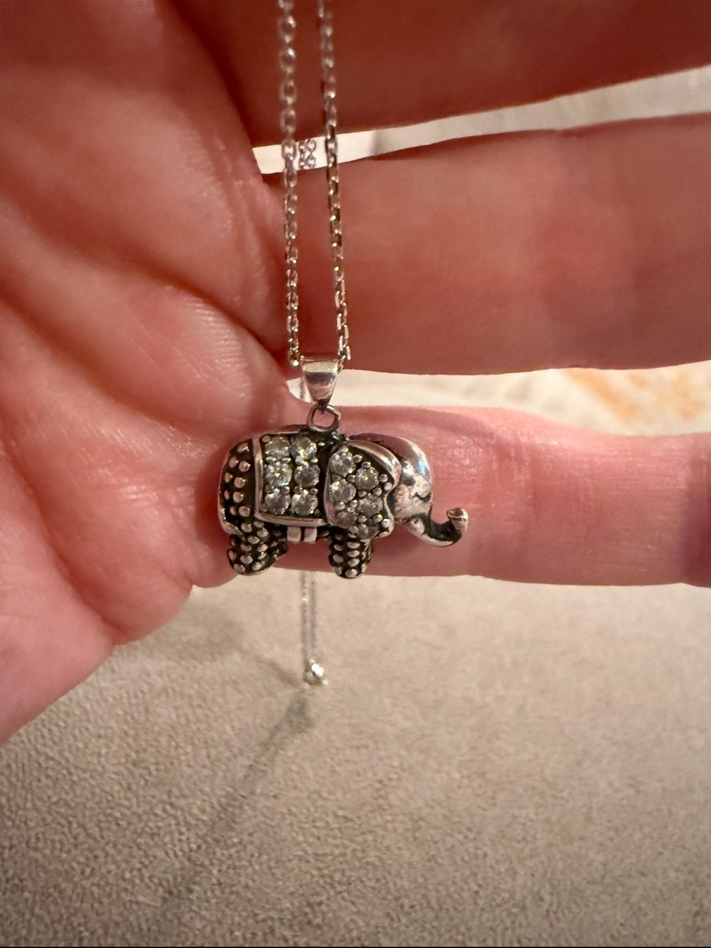 Source Unknown Silver Elephant Necklace with Clear Crystals
